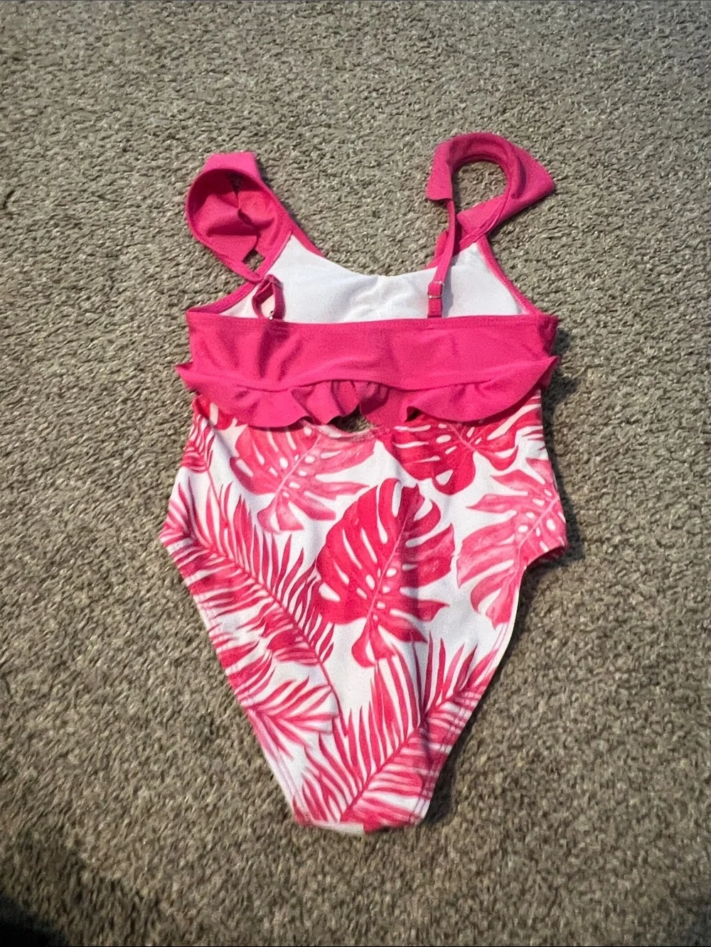 SHEIN Hot Pink Ruffle One-Piece Swimsuit with Tropical Leaf Print